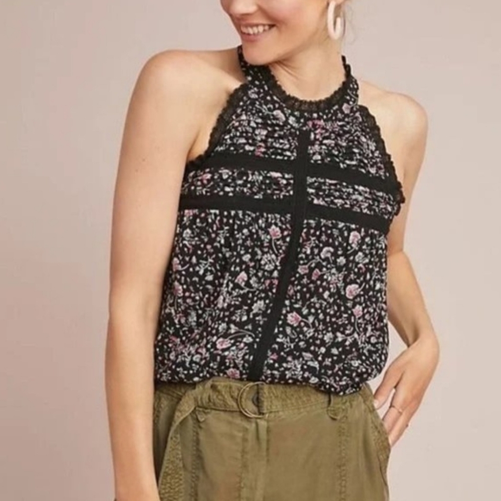 NEW Maeve Anthropologie Ashley Sleeveless Lace Floral Black Size Large